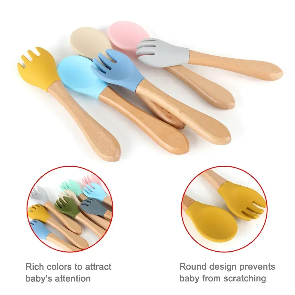 Baby 2pcs Silicone Fork Spoon Baby Beech Wood Feeding Spoon Toddlers Infant Feeding Accessories BPA Free Baby Feeding Tableware 3