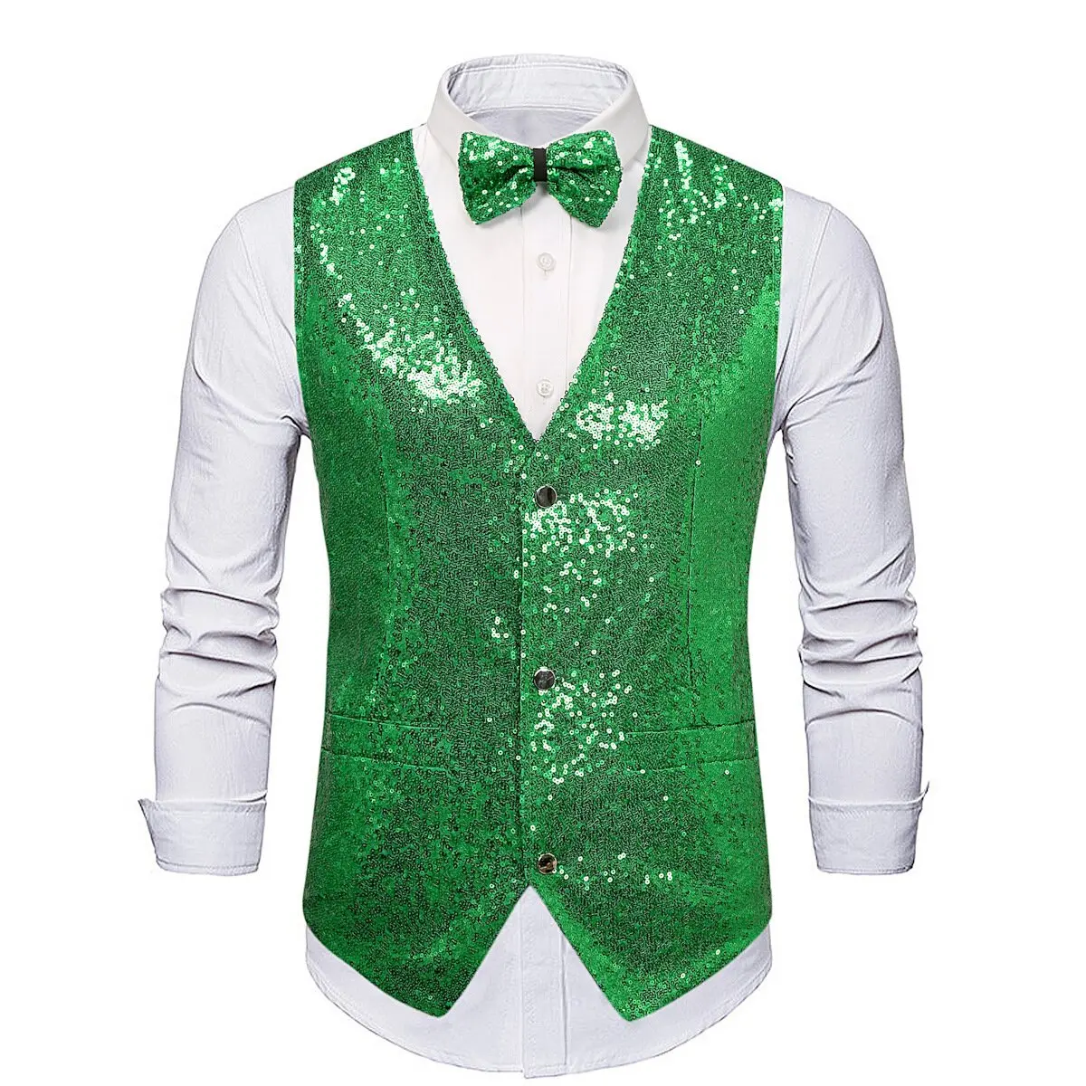 Gilet à paillettes vertes brillantes pour hommes, gilet moulant de Rotterdam, coupe couvertes, col en V, nœud papillon en émail, fête de mariage, scène, Rh, costume, 2 pièces