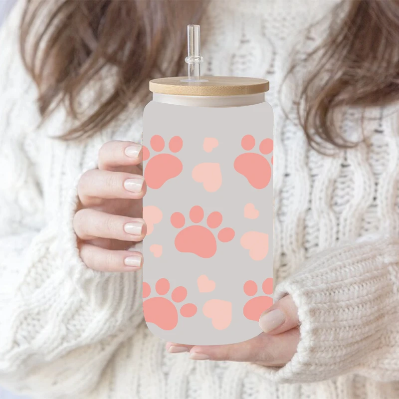 UV DTF Dog paw Transfer Happy Juice Printed Sticker For The 16oz Libbey Glasses Wraps Bottles D2464