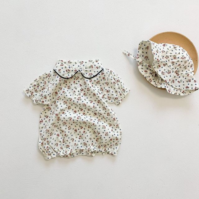 Small Floral Playsuit for Girls Korean Cherry Print Babies Short Sleeve Triangle Romper Newborn Baby Clothes