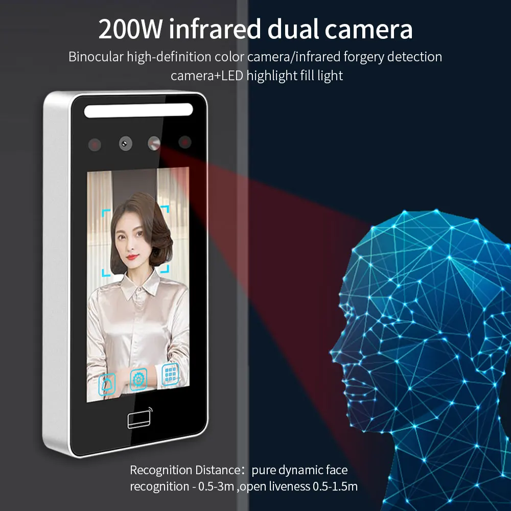 Tuya App IP65 Outdoor Wifi Connection Face Recognition Access Control Terminal 5inch Ssreen Dynamic Living Detection 2000 Users fingerprint face recognition machine