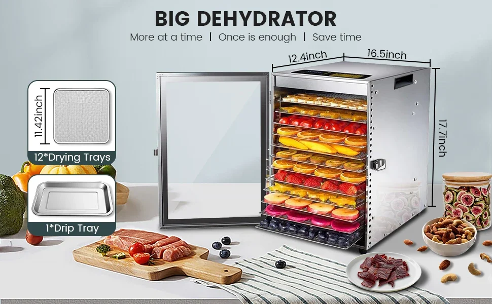 Description Picture 3 of itemMachine 12 Stainless Steel Trays, 800W Dehydrator for Herbs, 10.9ft² Meat Dehydrator for Jerky,190ºF Temperature