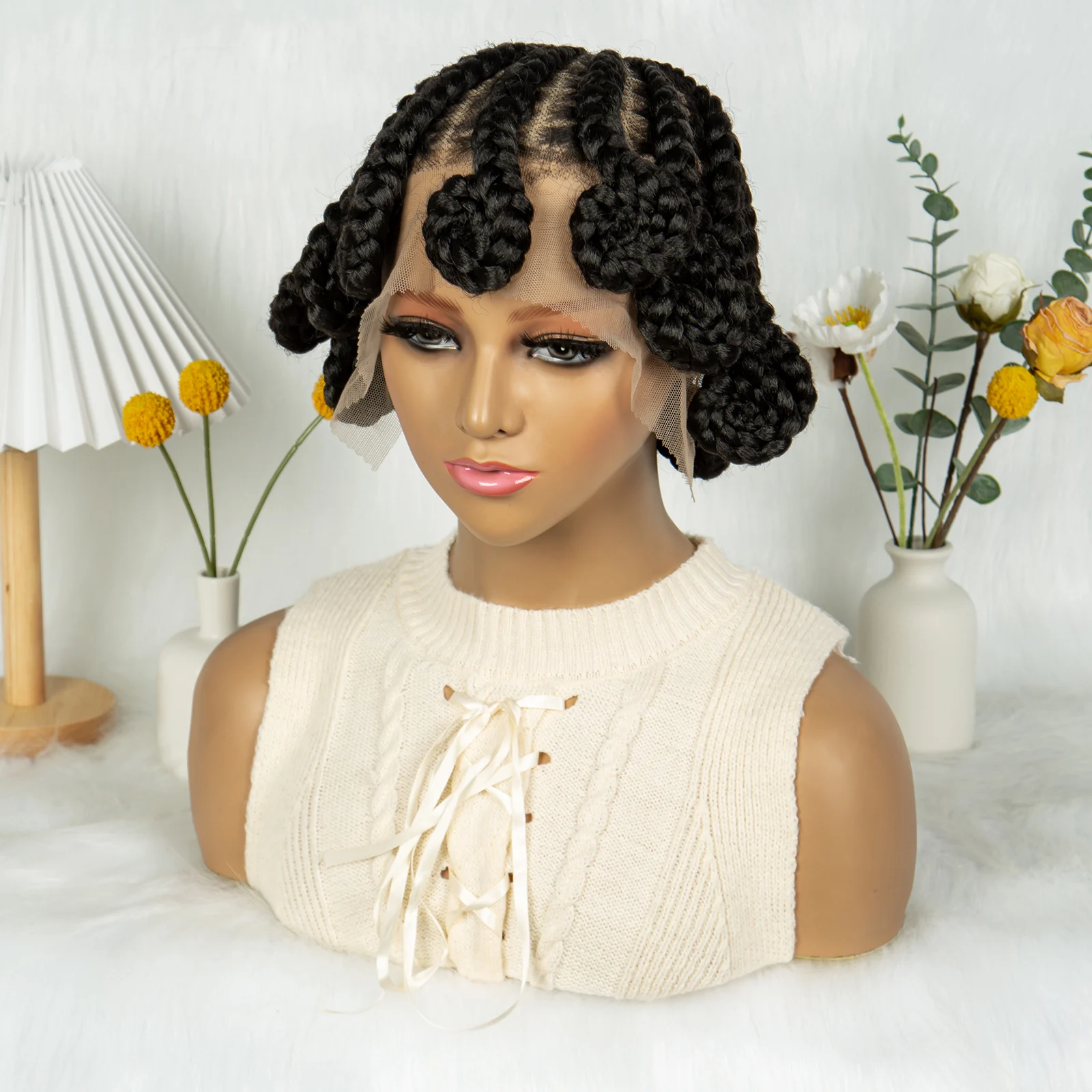 Kima Koroba Braided Wigs Synthetic Full Lace Wig Bantu Cornrow Braiding Style with Baby Hair for Afro Women