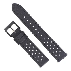 Rally Watch Band: Quick Release Sailcloth & Leather Strap with Perforated Design, Durable Watchband Accessories - 18mm (Black black line 2)