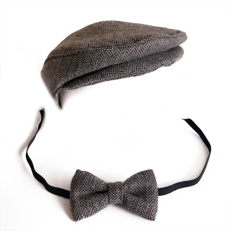

2 Pcs Newborn Photography Props Baby Peaked Beanie Solid Color Hat Bow Tie Dropship