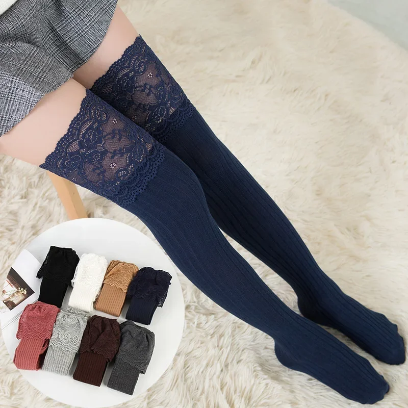

Women Autumn Winter Warm Thigh High Over The Knee Socks Cotton Long Lace Up Floral Stockings Medias Christmas Gifts