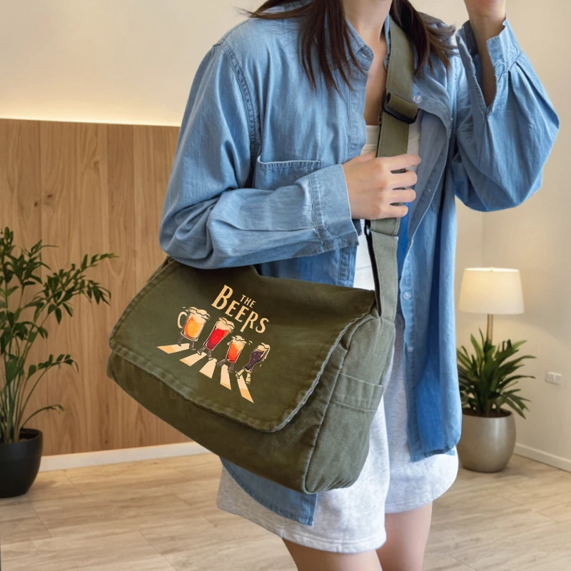 Retro Men's Shoulder Bag Canvas Messenger Bag Beer Print Large Capacity Crossbody Bag Daily Men's Bag