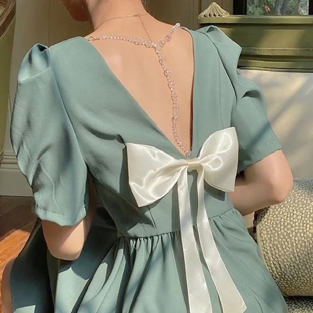 Backless Dress Women Casual Bow Design Vintage Short Sleeve Mini Dress  Female Solid Party One Piece Dress Korean 2021 Summer - Dresses - AliExpress