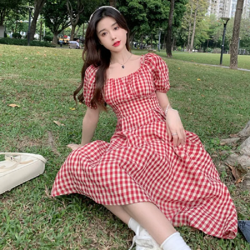 

Sleeveless Dress Women Plaid Sweet Summer Preppy Holiday Girls Sundress Ulzzang Party Empire Ladies Clothing A-Line Retro Basic