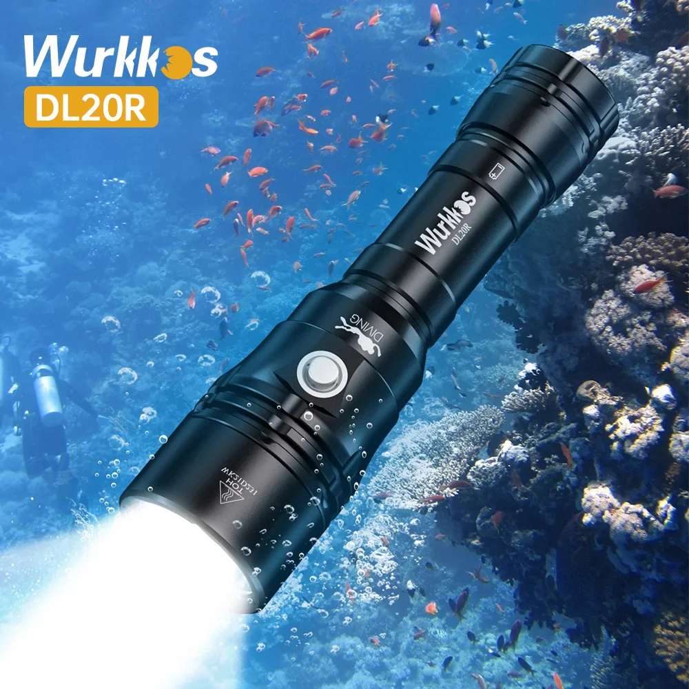 Wurkkos DL20R Diving Flashlight Rechargeable 18650 LED Scube Light IPX-8 Waterproof XHP50.2 3200lm Hidden USB-C Port ATR led flashlight