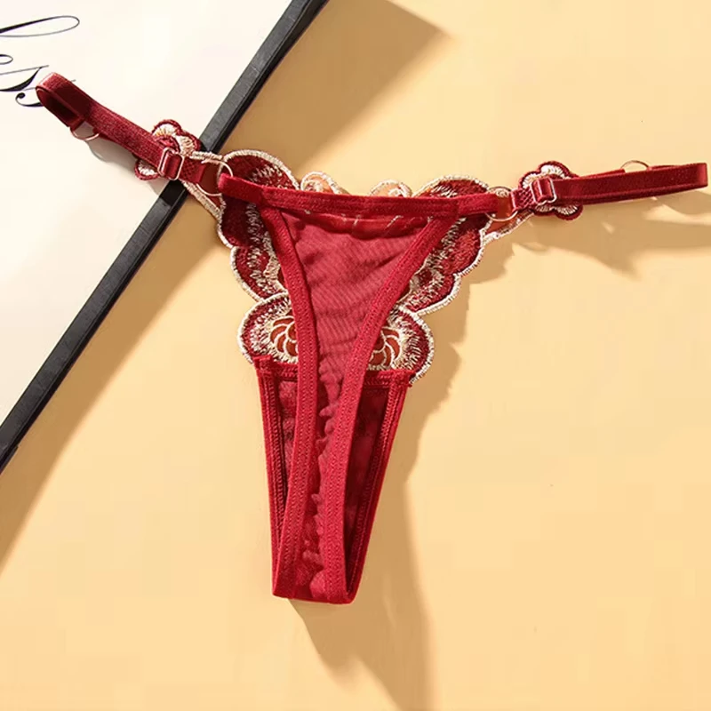 New Sexy Lace Thong Women Butterfly Low Waist Panties G strings Transparent Mesh Briefs Adjustable Waist Panties Culotte Femme