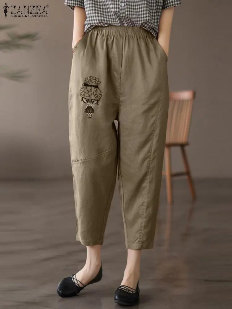 

ZANZEA Cartoon Embroidery Capris Women's Harem Pants Women AutumnTrousers Causal Elastic Waist Pantalon Vintage Palazzo Oversize