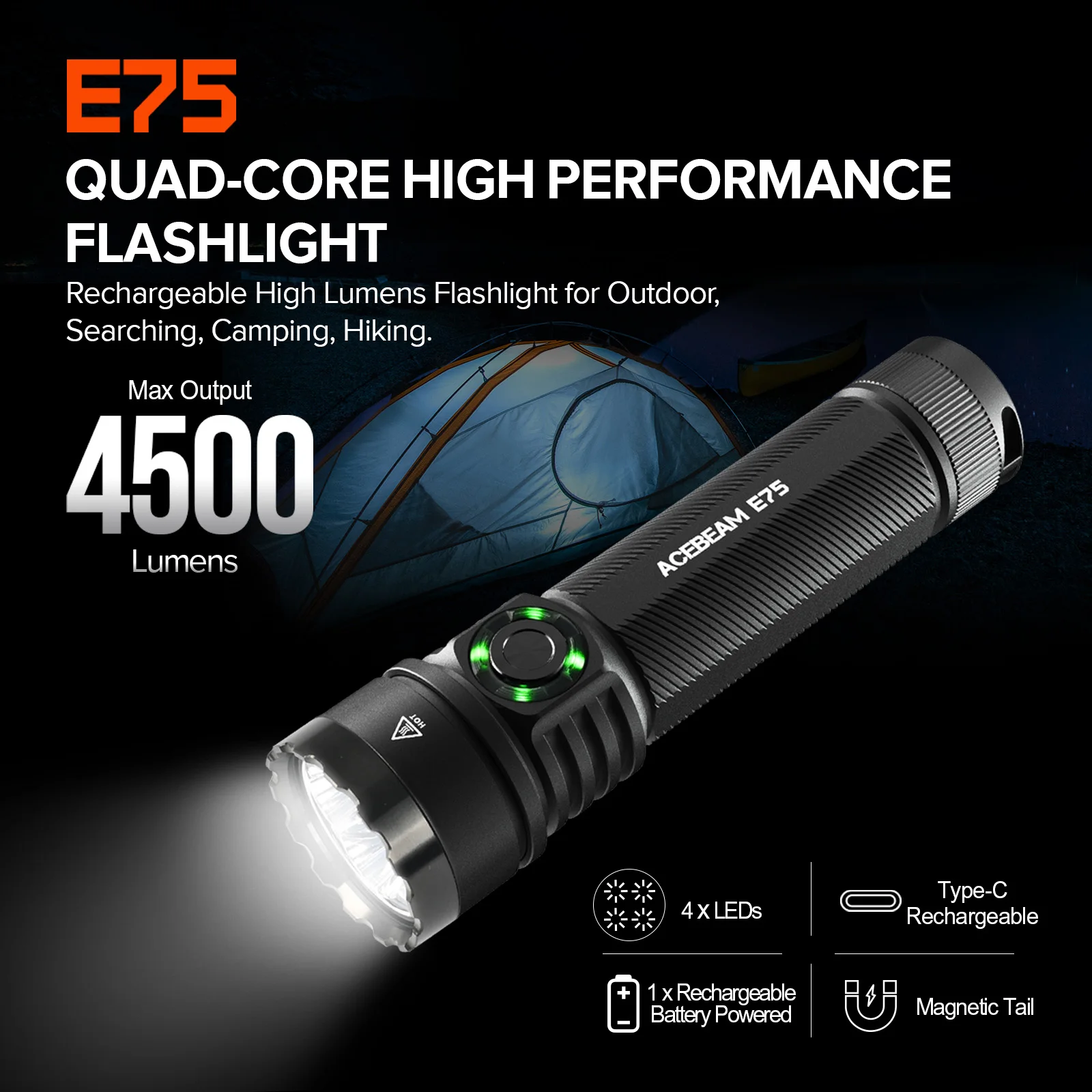 ACEBEAM E75 クアッドコア LED 懐中電灯 USB C 充電式トーチ 21700