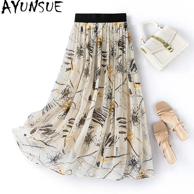 

95% Mulberry Real Silk Skirts for Women's Summer Floral Printed Skirt New Long Slim Thin Temperament Elastic Waist Skirt Clothes