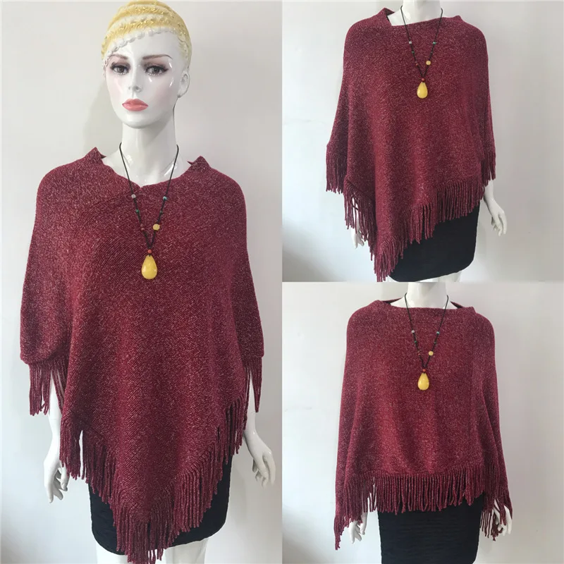 

2022 New Spring Autumn Bright Silver Silk Tassel Cloak Sleeveless Shawl Versatile Warm Sweater Women Poncho Fashionable Red