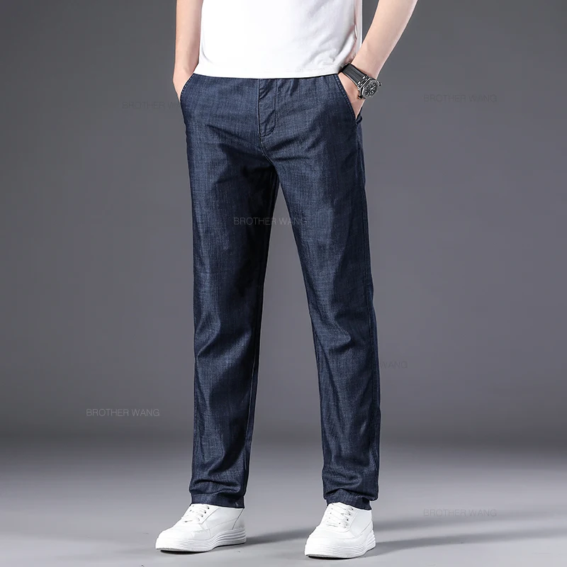 Summer Thin Men's Casual Straight Jeans Classic High Waist Ice Silk Drape Business Loose Denim Pants Black Blue Brand Trousers 2