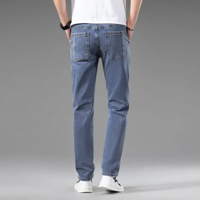Multi-bag Design Large Capacity Straight Leg Stretch Jeans Classic Style Blue Slim Cotton Elastic Regular Fit Denim Pants