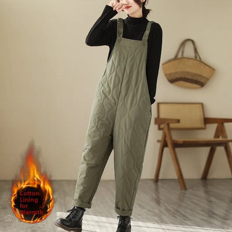 Women's Cotton Workwear Overalls Loose Casual Autumn Winter New Sle High Waist Thiened Long Pants Faionable Slimming - 3