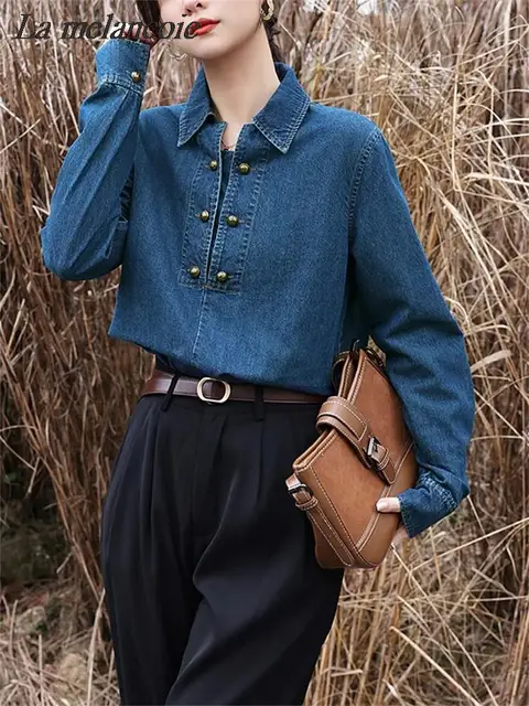 Denim Blouse Women 2024 Spring New Fashion Vintage Casual Loose Button Up Blue Shirts Turn Down Collar Long Sleeve Chic Tops 1