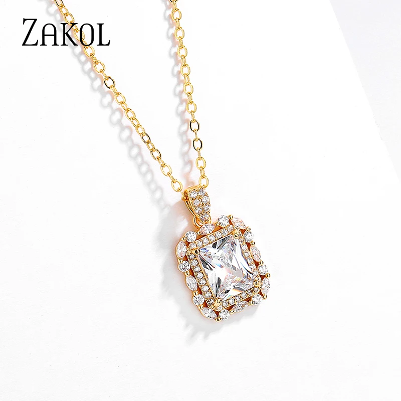 ZAKOL Simple Shiny AAA Cubic Zirconia Rectangle Pendant Necklaces Glamour Bridal Wedding Chain Necklace Fashion Jewelry NP1018 5