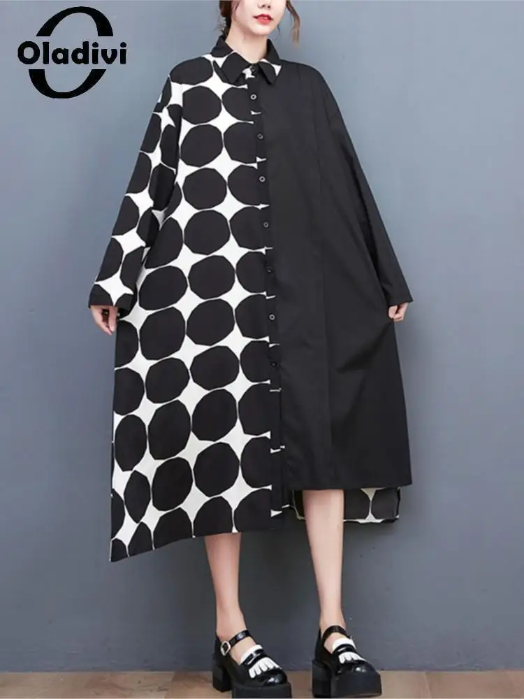 

Oladivi Big Size Women Fashion Polk Dot Print Long Sleeve Casual Loose Dress 2022 Spring Autumn New Oversized Shirt Dresses 3554