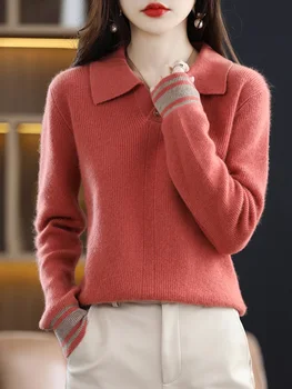 Naiste 100% meriinovillast nööpidega v-kaeluse, laia krae ja triipmustritega kampsun S-XXL 2