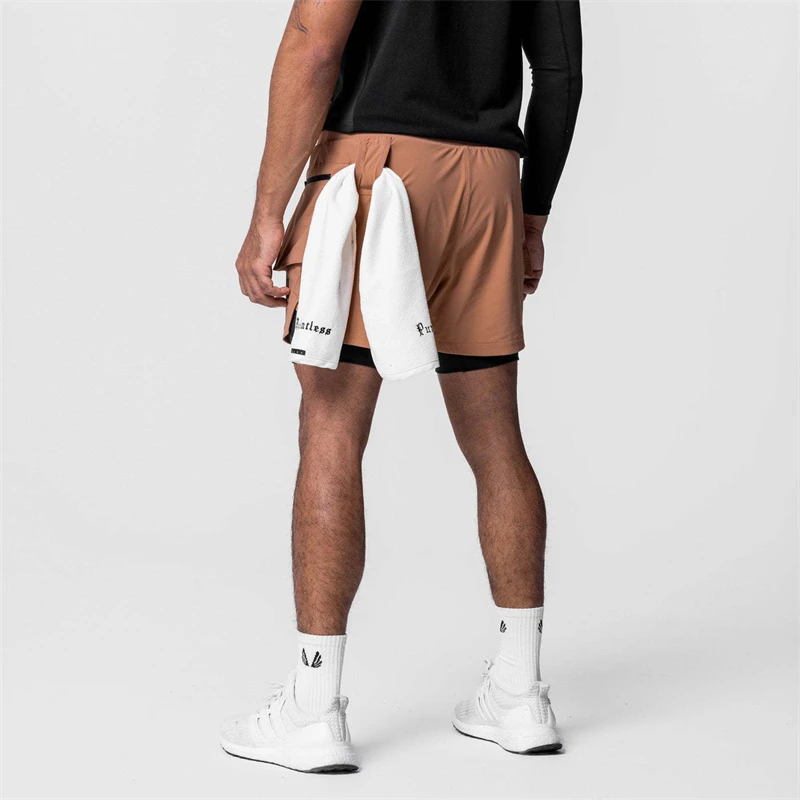 Summer New Double layered 2-in-1 Men's Shorts Sports Capris Fashion Zipper Pocket Multi functional Fitness Sports Pants