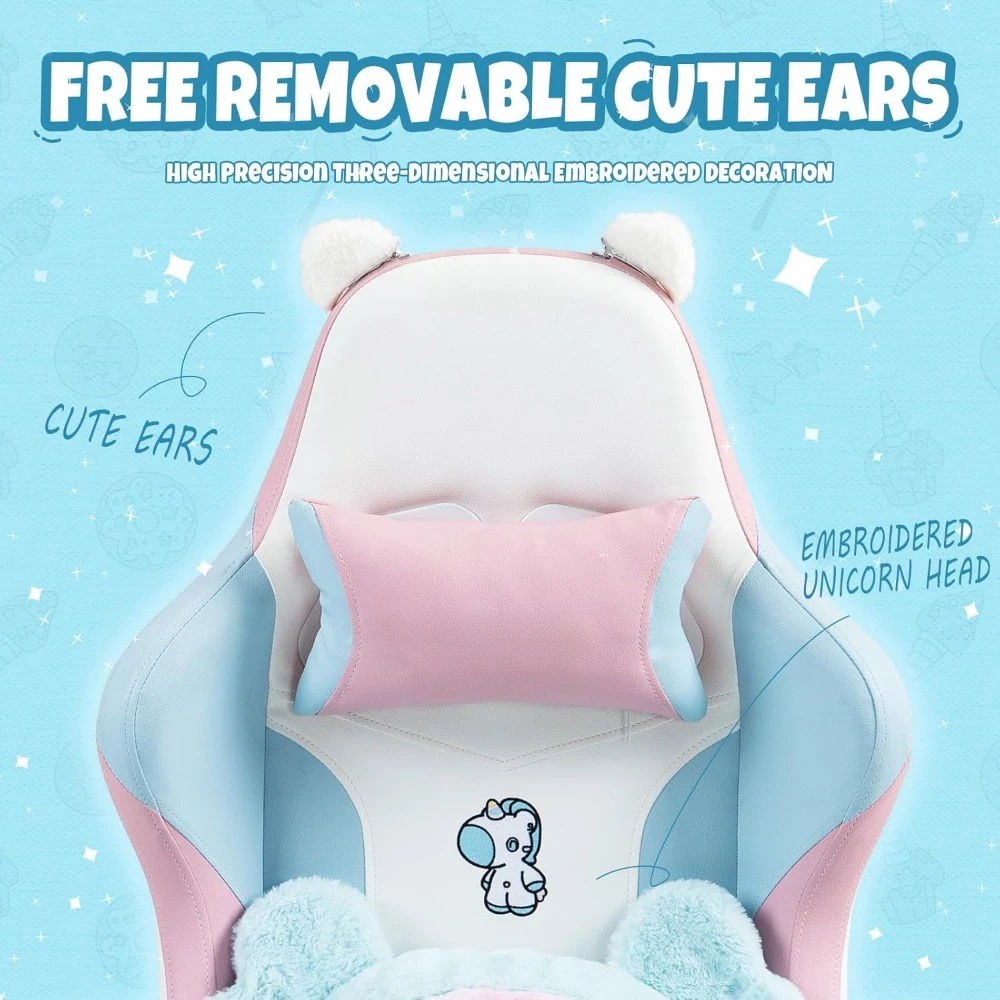 Gaming Chair, with Lumbar Cushion and Decorated Ears, Cute Ergonomic Computer Chair with Footrest, Reclining, PC Game Chair 5