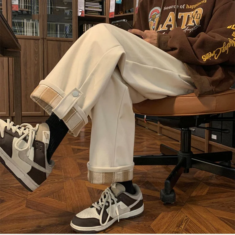 Men's Clothing 2023 Autumn and Winter New Fashion Drawstring Splice Button Solid Color Versatile Oversize Casual Wide Leg Pants