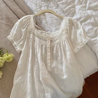 Palace Short Sleeve Summer Nightdress Women Gown 100% Pure Cotton Nightgown Thin Loungewear White Long Robe Dropshipping - Image 6