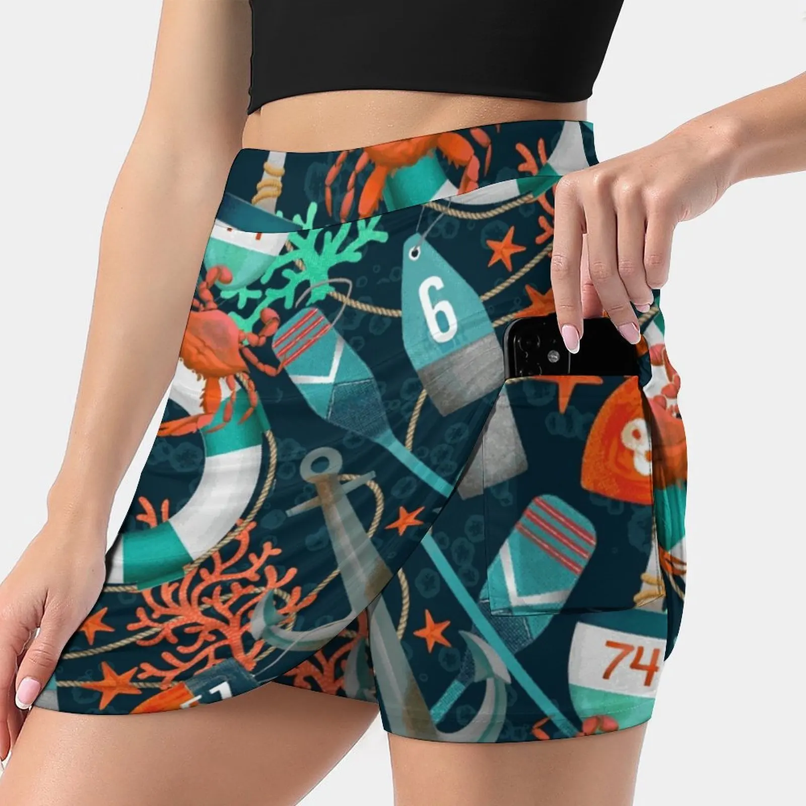 

Nautical Junkyard Women's skirt Aesthetic skirts New Fashion Short Skirts Crabs Oars Buoys Coral Anchor Life Preserver Sealife