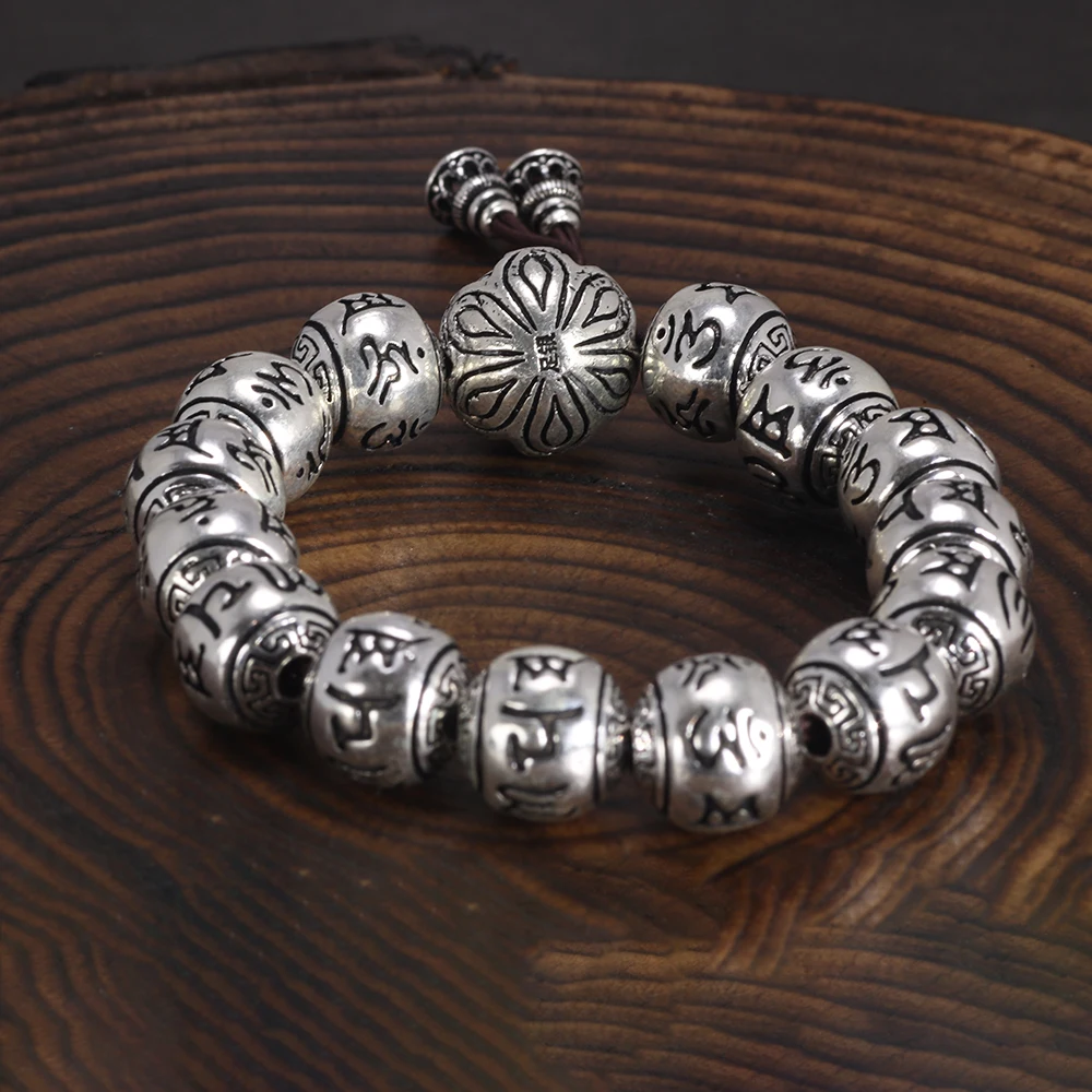 Genuine 990 Silver Buddhist Bracelet Men's Rosary Beads Engraved