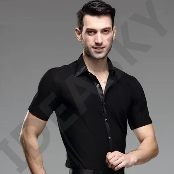 Summer Adult mens Latin dance wear short sleeve shirt stage Ballroom Modern Salsa Tango Samba Latin Dance black Shirts costumes