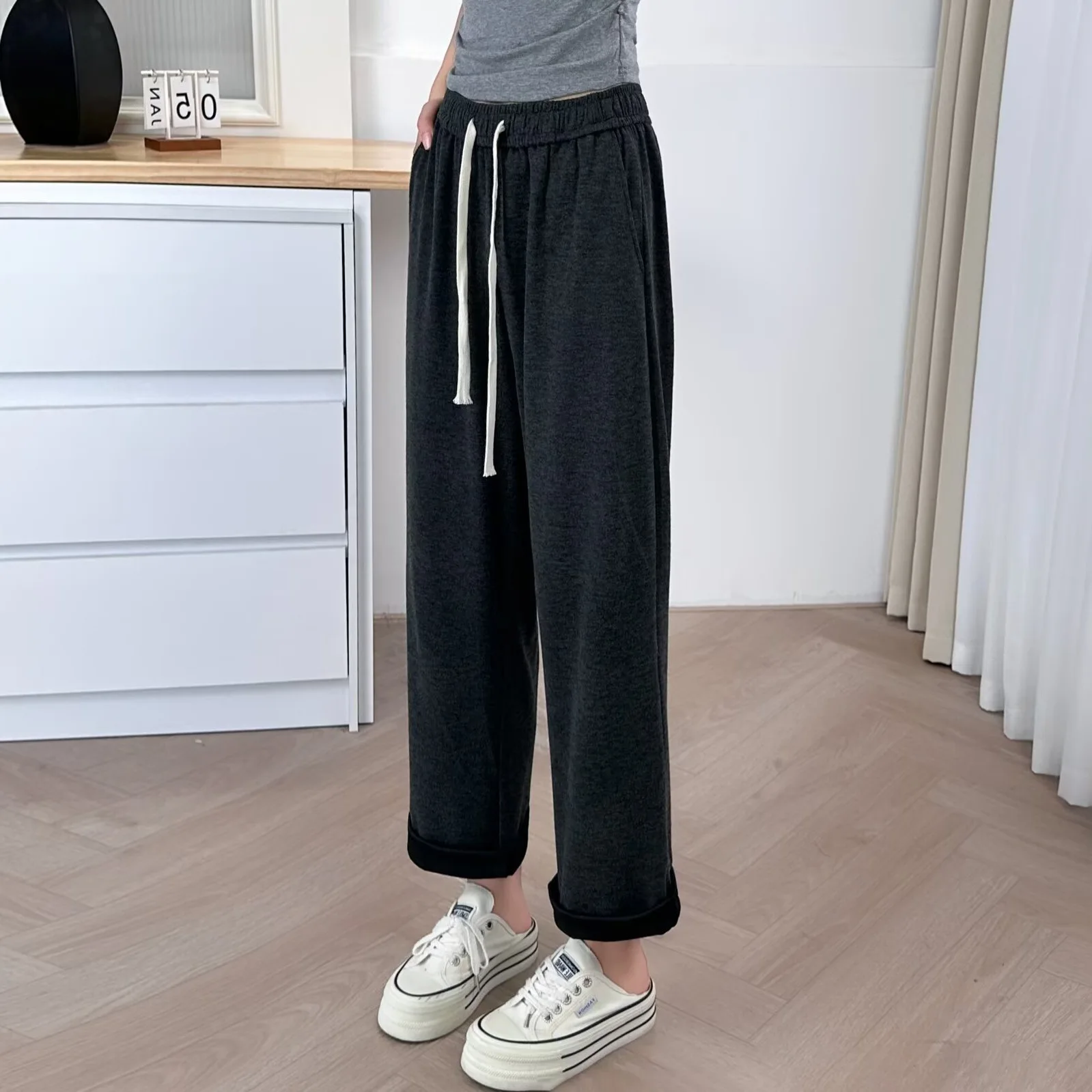 Plus Size Women's Straight Leg Pants 2025 Autumn New Style Simple And Casual Soft Drawstring Waist Trousers 666