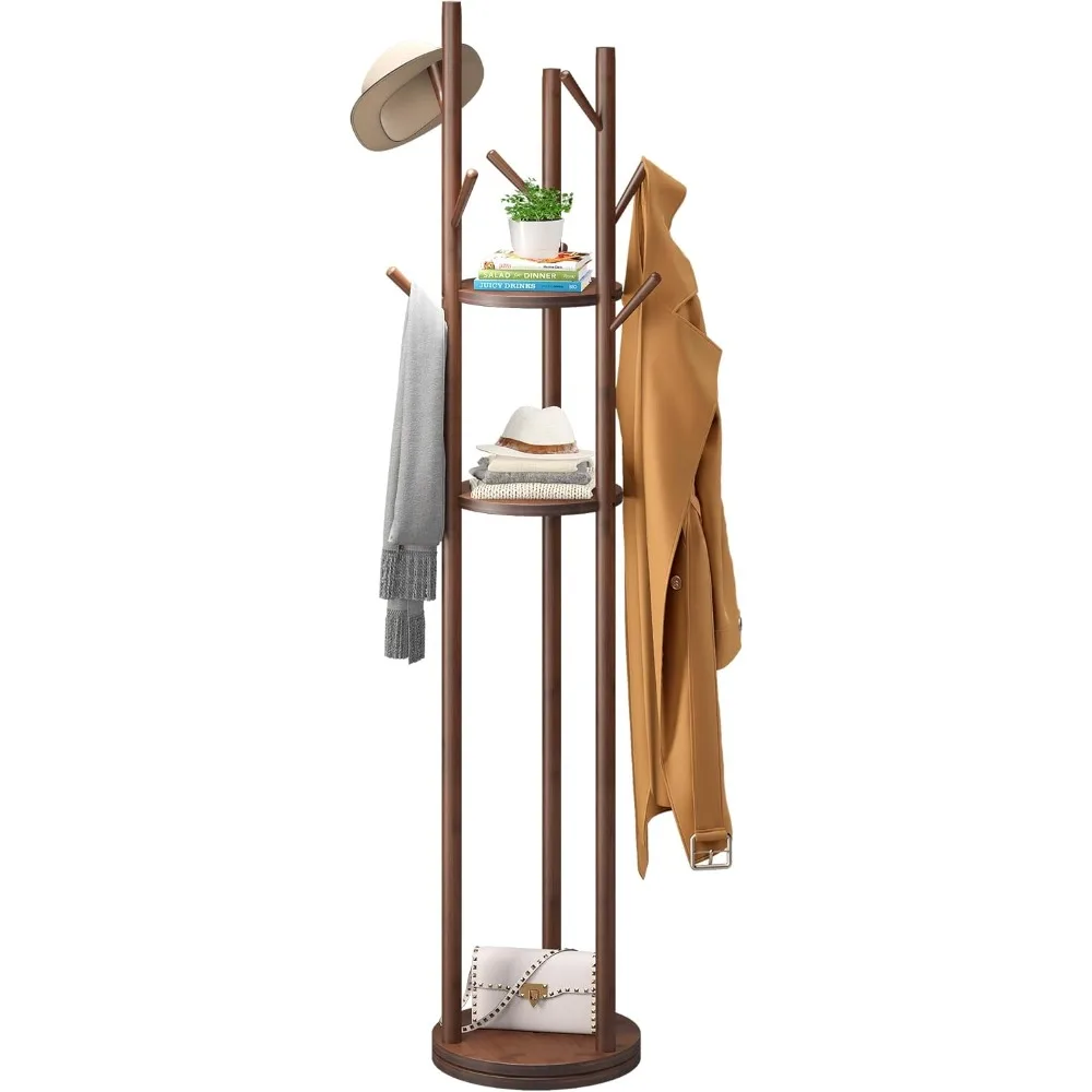 Bamboo Coat Rack Rotary Freestanding Coat Tree Rack Stand with 9 Hooks 3 Storage Shelves Easy Assembly Standing Coat Rack