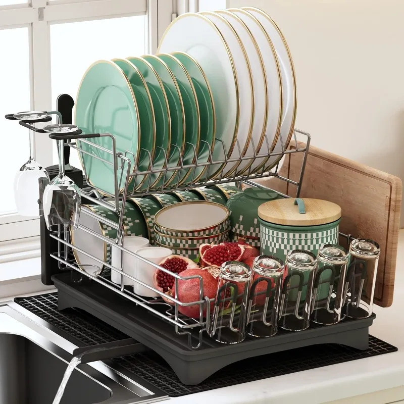 Dish Drying Rack, Large Rack and Drainboard Set with Swivel Spout, Kitchen Counter Wine Glass Holder, Utensil Mat