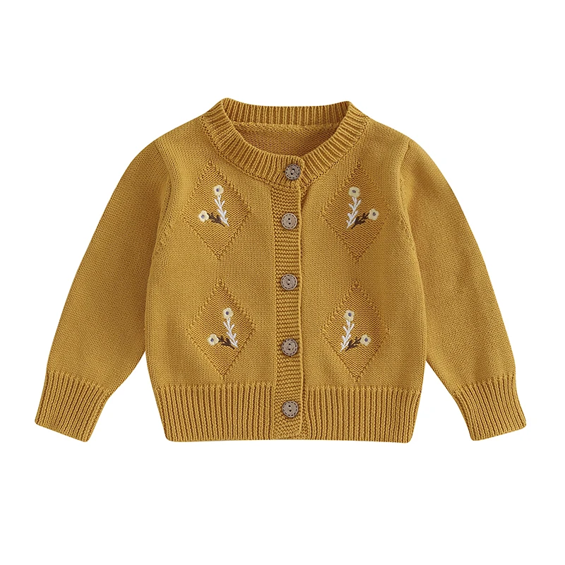

Вязаный кардиган для маленьких девочек с цветочной вышивкой и круглым вырезом, вязаный женский свитер, пальто, милая осенне-зимняя куртка, теплая одежда