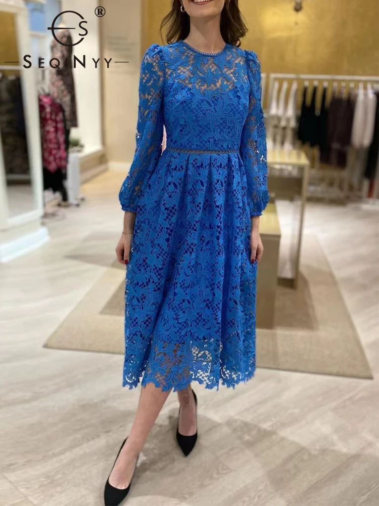 

SEQINYY Elegant Midi Dress Spring Autumn New Fashion Design Women Runway Lantern Sleeve Lace Hollow Out Flower A-Line Holiday