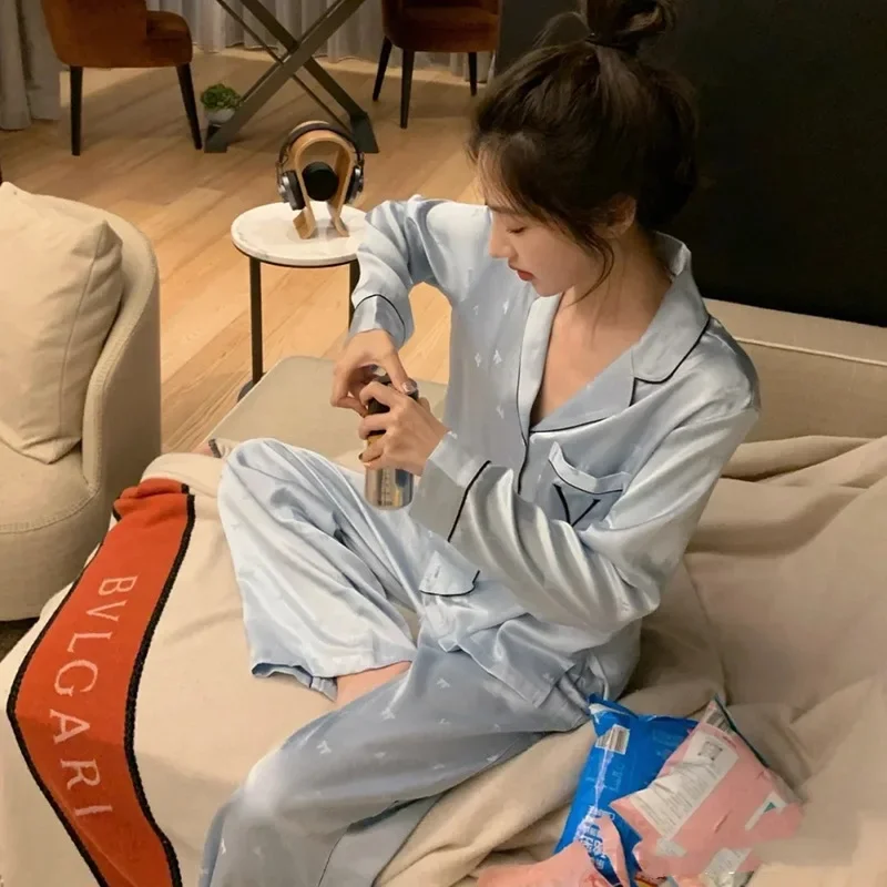 Ice Silk Bow Pajamas for Women Spring and Autumn Women's Pajamas High-end Long-sleeved Home Wear Set Clothes Nightwear Sleepwear