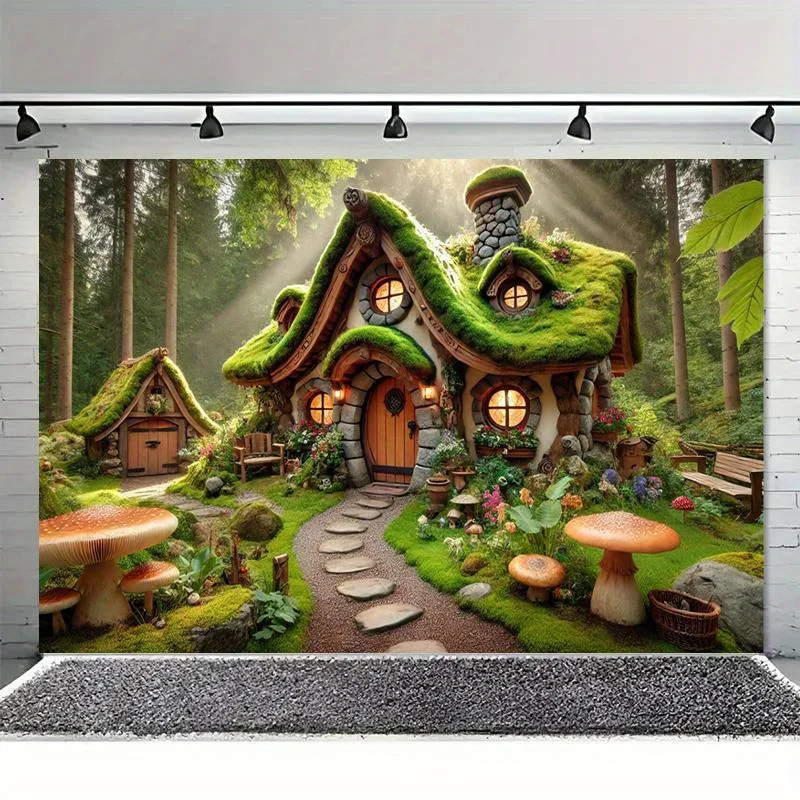 1-Zauberwald-Hütte-Fotografie-Hintergrund – eine skurrile Märchenszene aus lebendigen Blumen und einem Pilzhaus – Detail 7