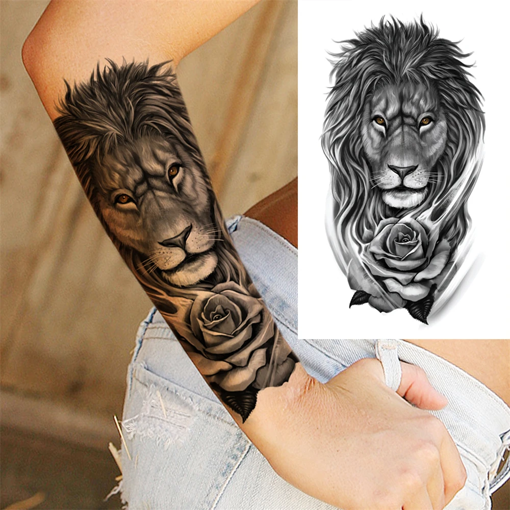 God Cross Lion Temporary Tattoos For Men Women Realistic Compass Lion Fake Tatoos Forearm Jesus Christ Thigh Tattoo Sticker