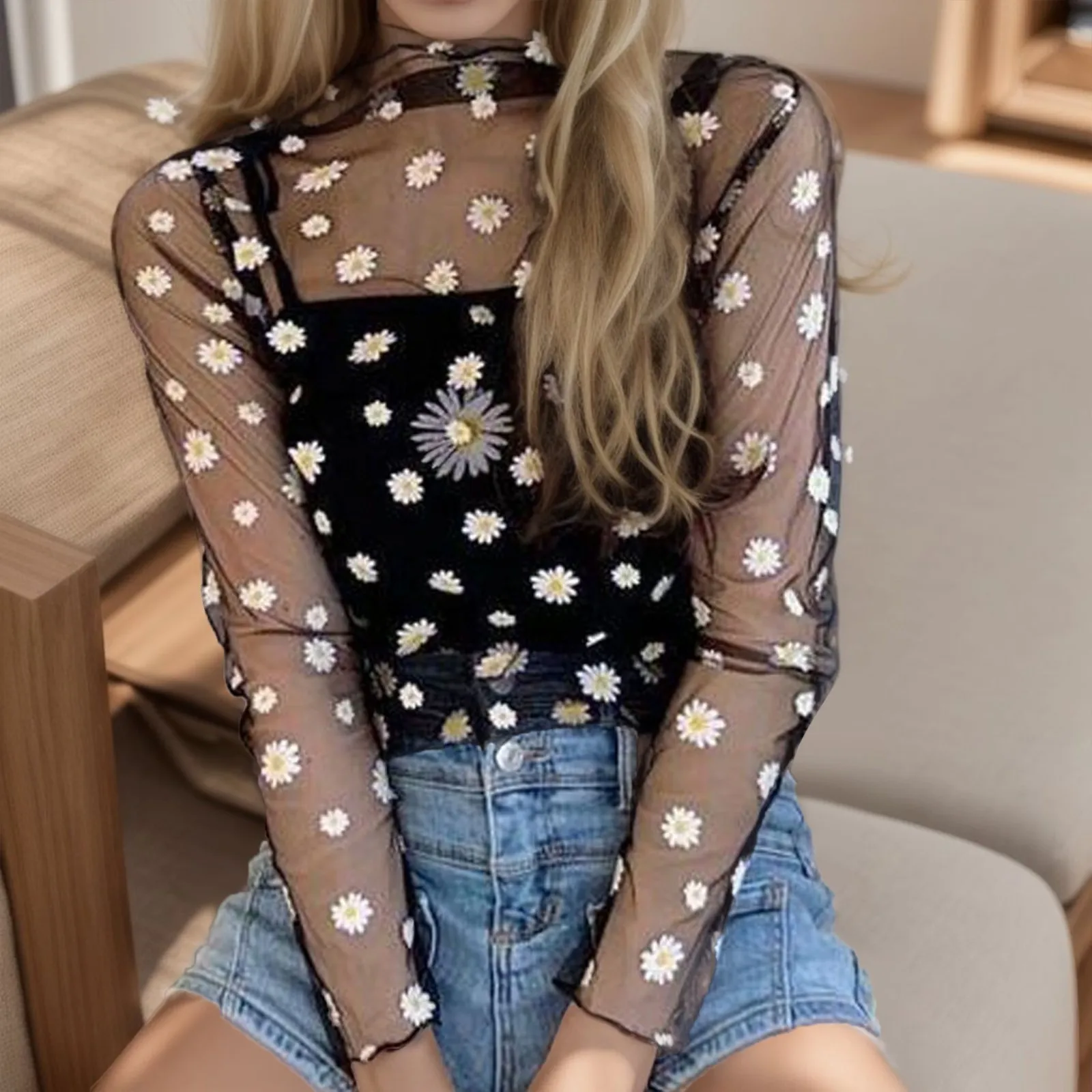 

Daisy Print Perspective Blouse Shirt Elegant Sexy Mesh Sunscreen Tops Casual Autumn Ladies Female Long Sleeve Women Blusa Пиджак