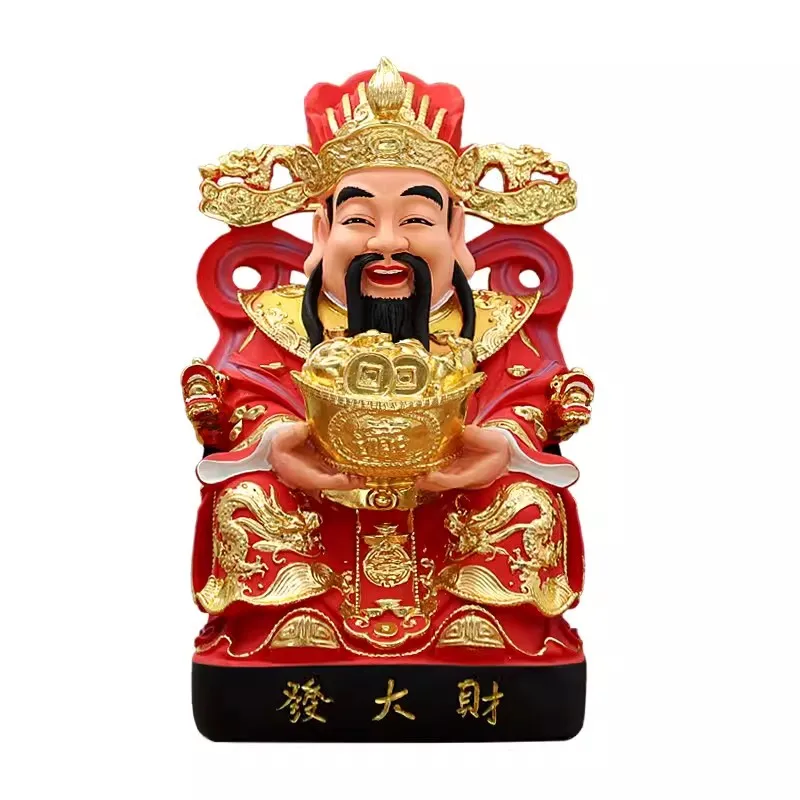 Gold-Plated Resin Buddha Statue of God of Wealth, Ornament for Family Worship Temple, Chinese Figurine, 12 in