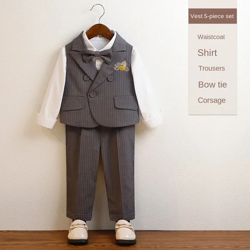Summer School Uniform for Kids Handsome Boys Vest Suits Khaki Plaid Weddings Party Blazer Set 2-12 Y Chorus Performance Outfits