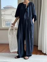 EAM Women Navy Blue Big Size Long Casual Jumpsuit New High Waist Pocket Stitch Pants Fashion Tide Spring Autumn 2026 1DH6019 - Image 3