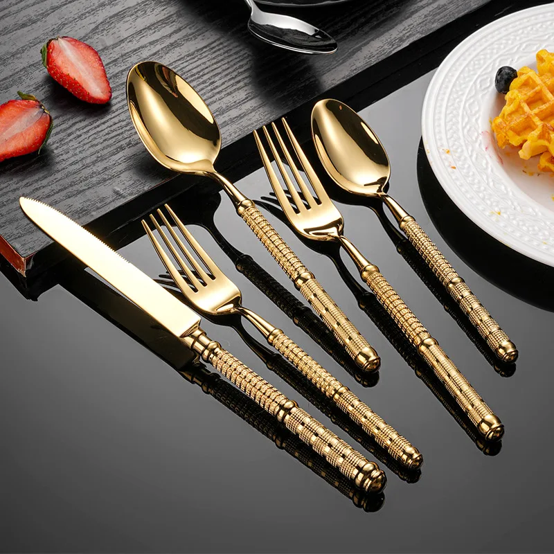 French Embossed 304 Stainless Steel Cutlery Set Hotel Gold Plated Tableware Retro Three-dimensional Dinner Dining Forks Spoons