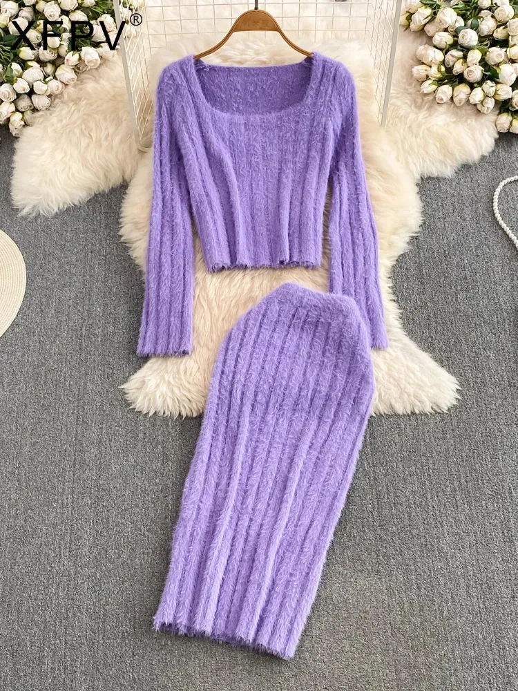 

BabYoung Women'ssquare Neck Slim Imitation Mink Fleece Knit Top High Waist Wrap Hip Skirt Two Piece Set Autumn Winter 2023