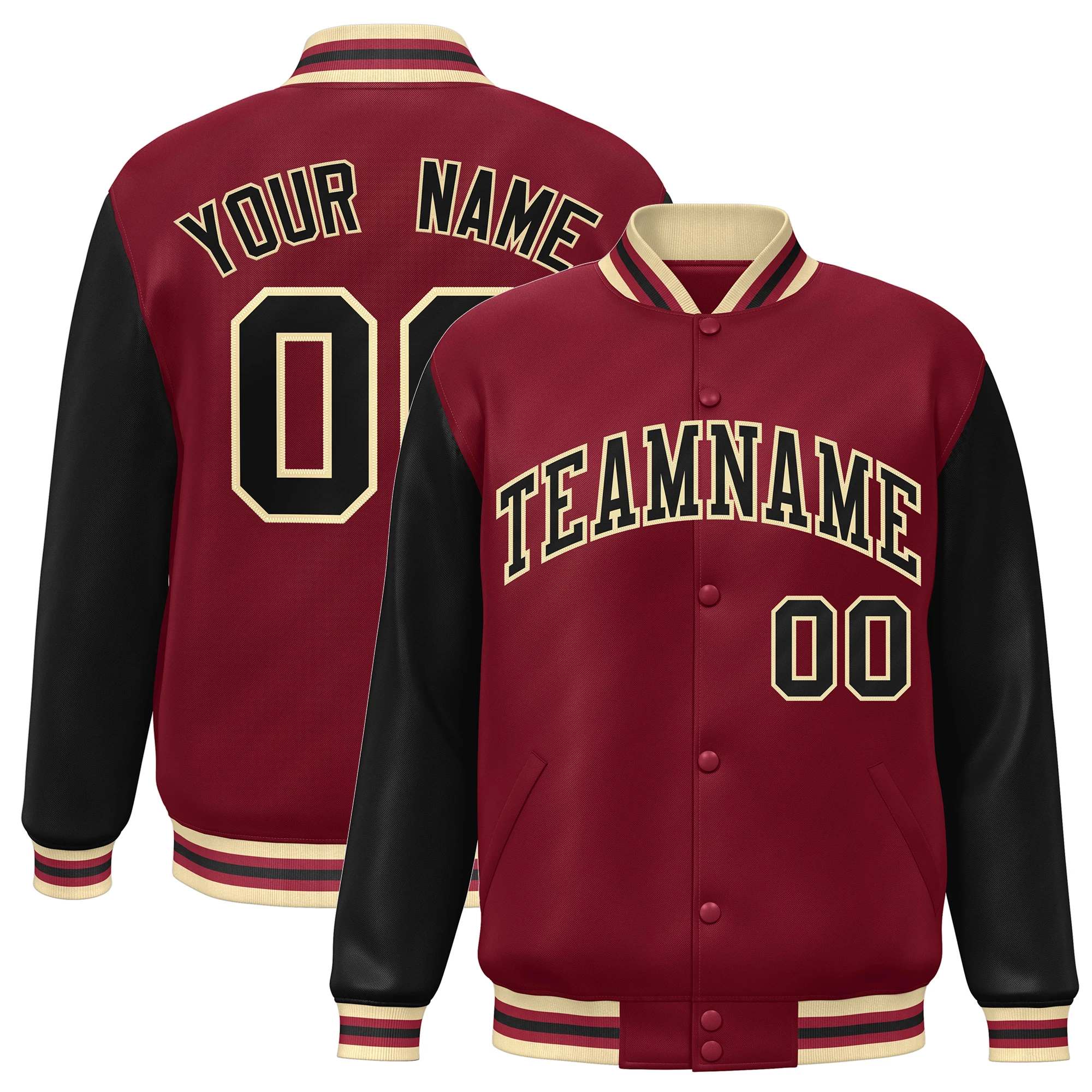 

Custom Baseball Jacket Raglan Sleeve Full-Snap Personalized Text Number Logo Varsity Letterman College Baseball Coat