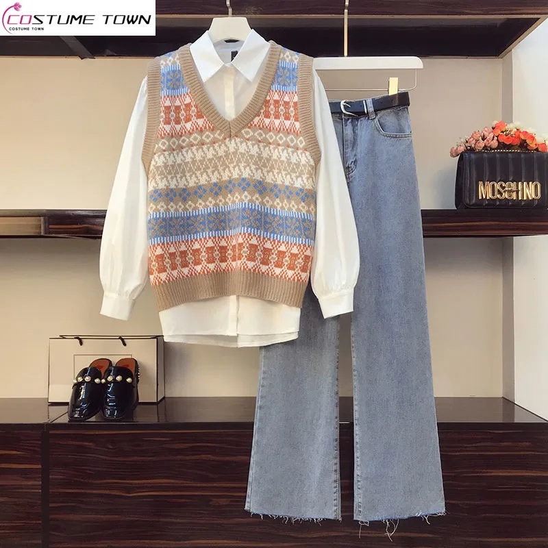 2023 Autumn New Women's Large Fat Mm Set Temperament Age Reducing Shirt Knitted Vest Jeans Three Piece Set