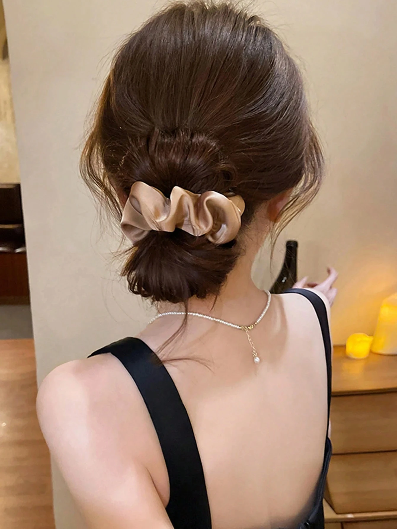 Elegant Vintage Satin Hair Scrunchies Set - Black, Brown & Khaki